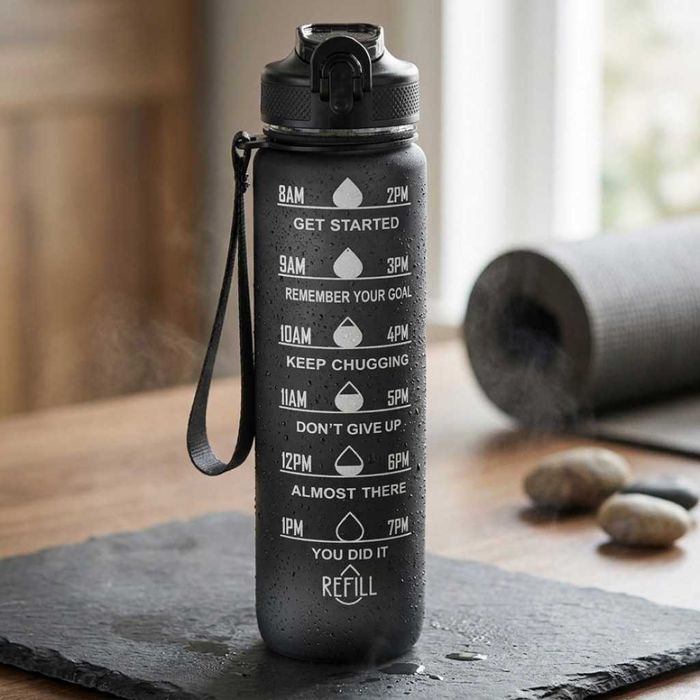 Черна мотивираща бутилка за вода 1L с почасова скала – пий вода навреме