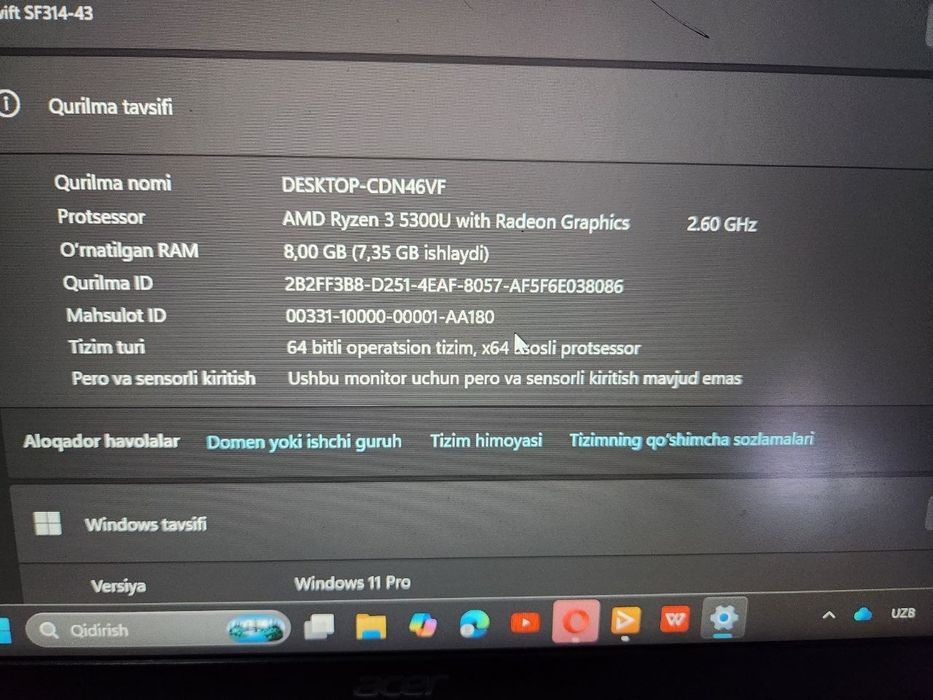Acer ryzen corei 3 8/100 gb