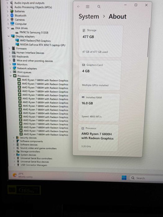 17.3 2k 165Hz 3ms Acer Nitro`Ryzen 7-6800H/RTX 3050Ti/16GB DDR5/512GB NVMe/QHD 2560x1440