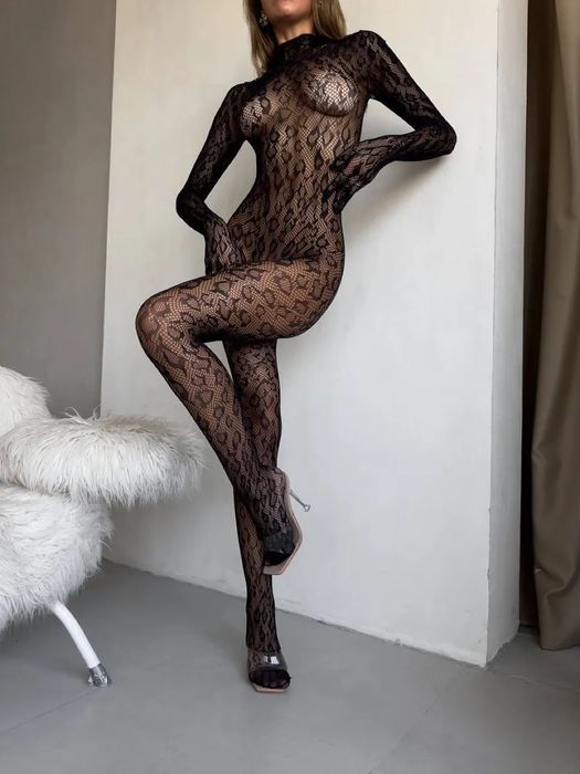 Costum Sexy din Plasă Elastică Leopard, Efect Second Skin - Negru, One