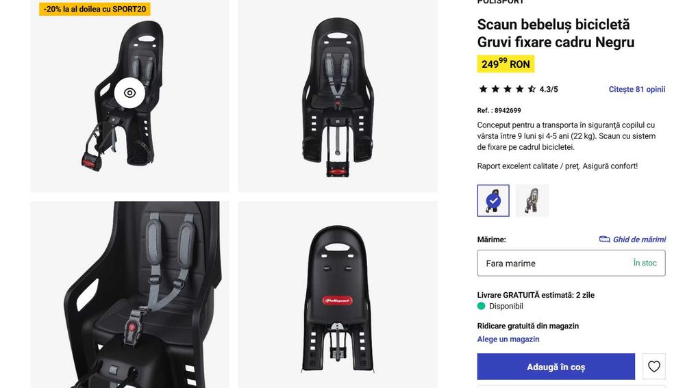 Scaun bicicleta pentru copii intre 9 luni si 4-5 ani (22 kg)