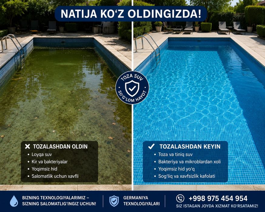 Barcha turdagi basseynlarni professional tozalaymiz Loy suv o'tla