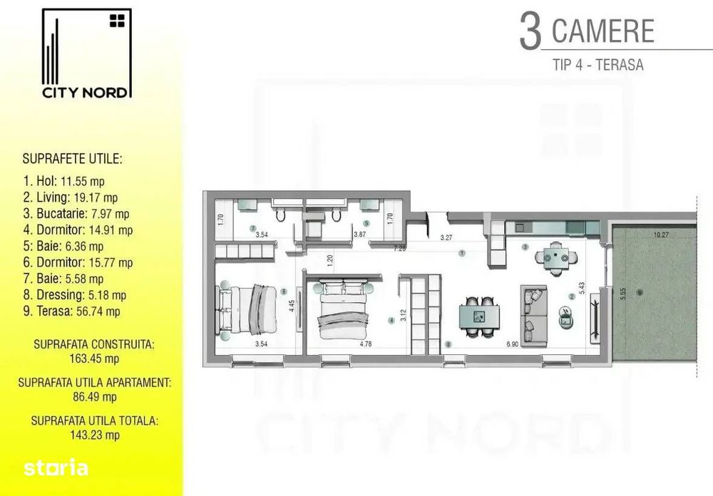 Bloc finalizat, 3 camere lux, 2 bai, laundry room + terasa 56 mp!