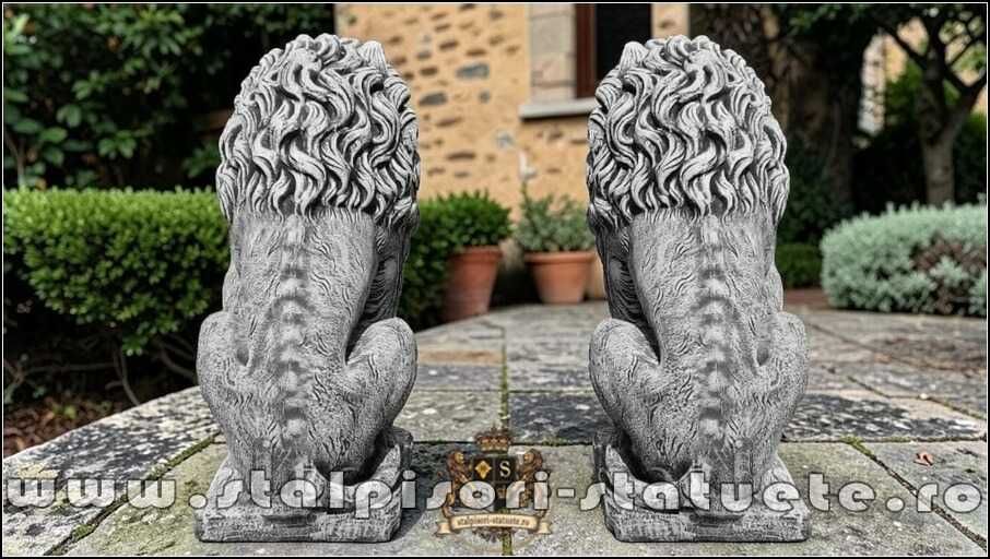 Statuetă leu mare cu blazon, gri patinat, model S1.