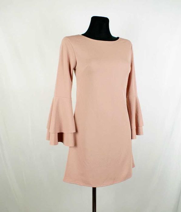 Rochie elegantă roz pudrat cu mâneci evazate, mărime S-M