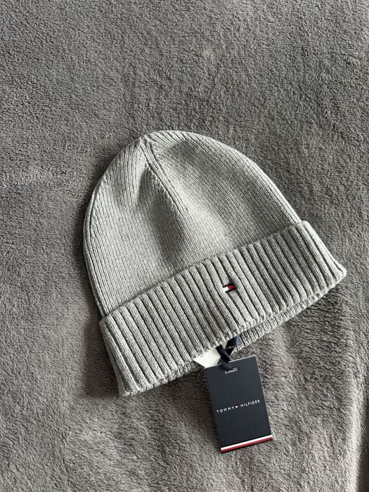 Tommy Hilfiger Flag beanie caciula unisex gri cu logo mic brodat bumbac pima OS noua originala 100%