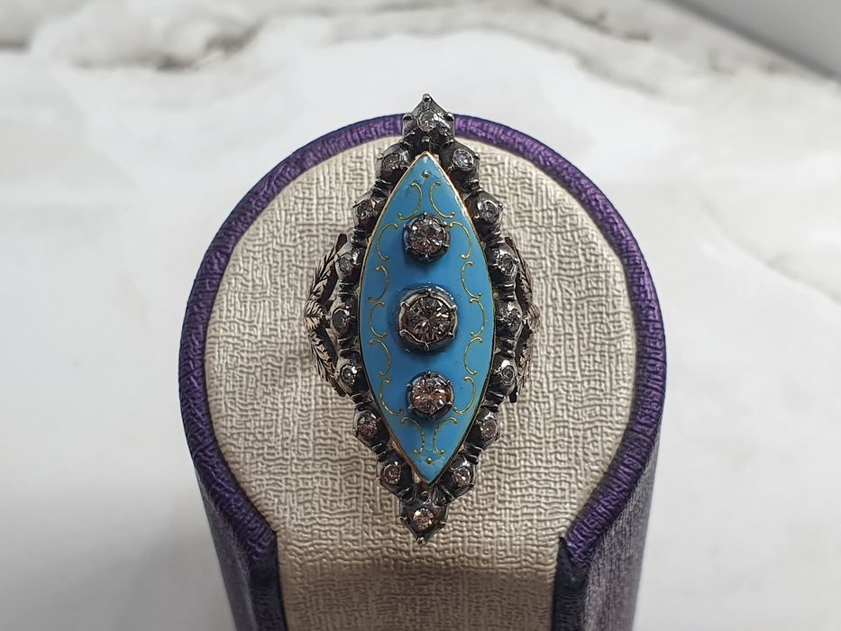 Inel Marquise antic din aur de 14K și argint cu diamante naturale și email turcoaz – mărimea 58 – 8,76 g