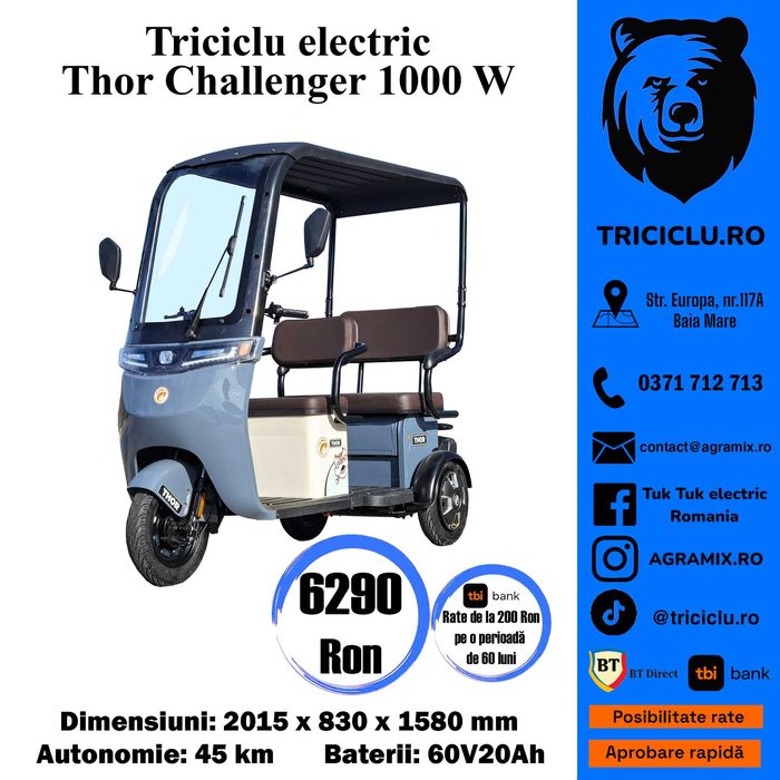 Triciclu electric cu motor puternic 1000W Thor Challenger Agramix