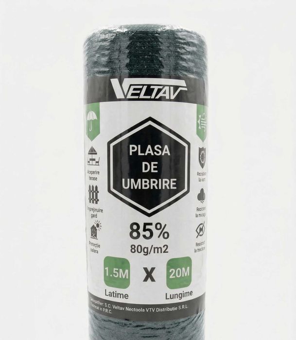 Plasă umbrire 85% rola 1,5mX20m, densitate 80g/m2, protecție UV, verde