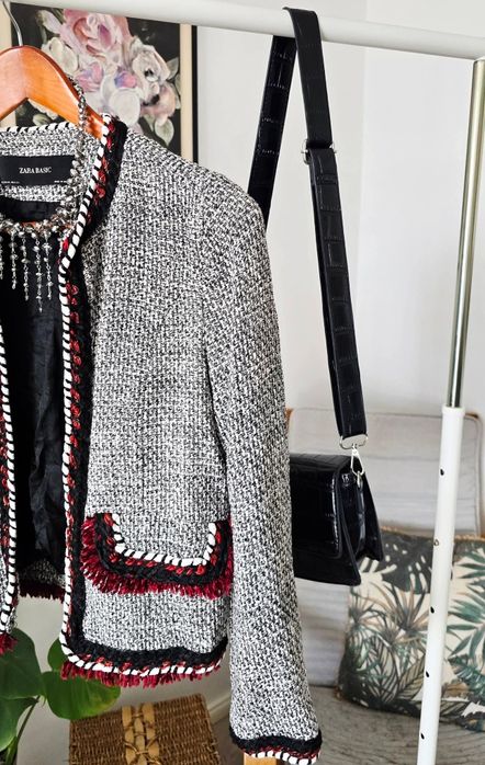 Sacou ZARA - Tweed, XS Alb/Negru cu franjuri roșii