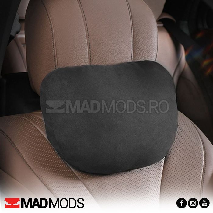 Pernute tetiera auto, reglabile, alcantara, negre, cu scai, Universale