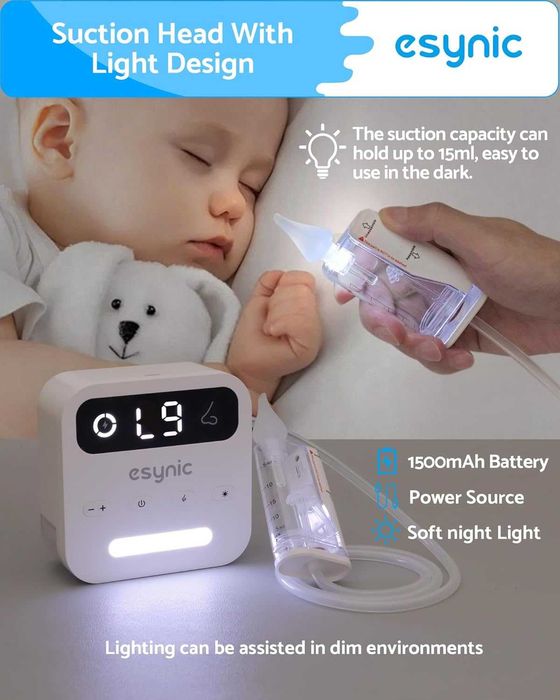 eSynic  Бебешки назален аспиратор, 9 нива на засмукване и LED светлина
