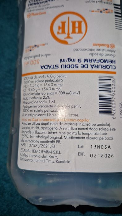 Ser fiziologic, clorura de sodiu 500 ml