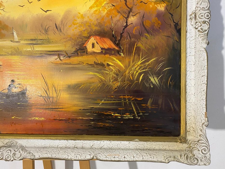 Tablou cu Ramă din Lemn 115x86 cm, Ulei pe Pânză; Peisaj Rustic Delta
