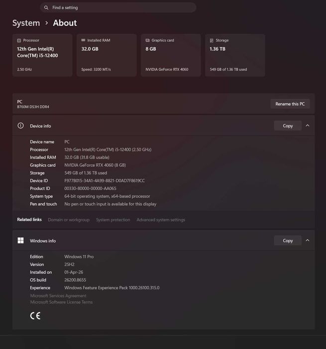 PC Gaming i5 12400, RTX 4060, 32GB RAM ddr4, SSD M.2