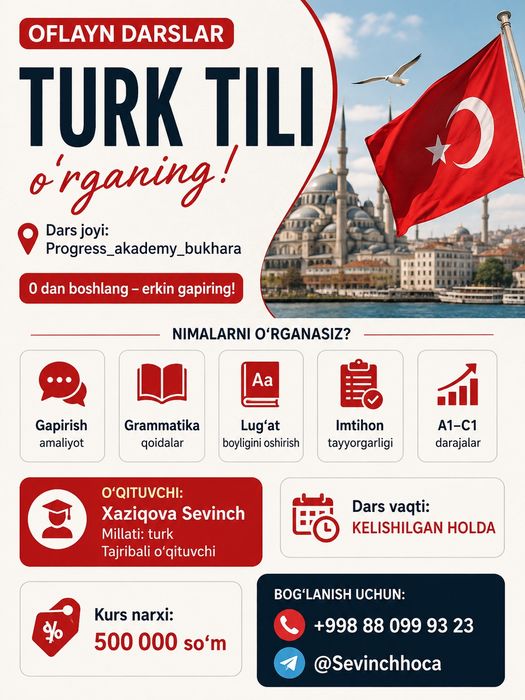 Oflayn turk tili darslariga qabul!