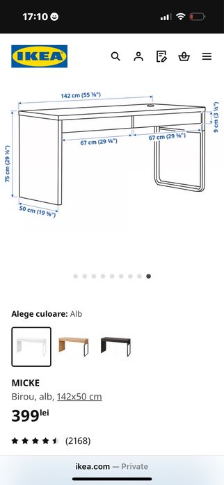 Birou Ikea Micke alb 142x50 cm