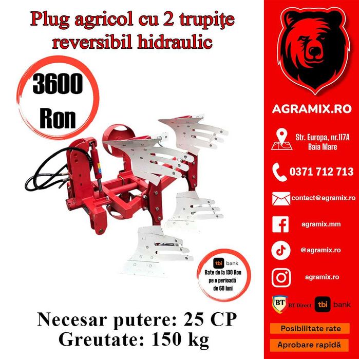Plug agricol reversibil hidraulic cu 2 trupite nou Agramix