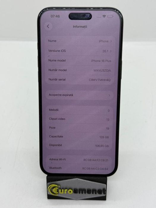 Telefon mobil Apple iPhone 16 Plus, 128GB, 5G, Black -A-