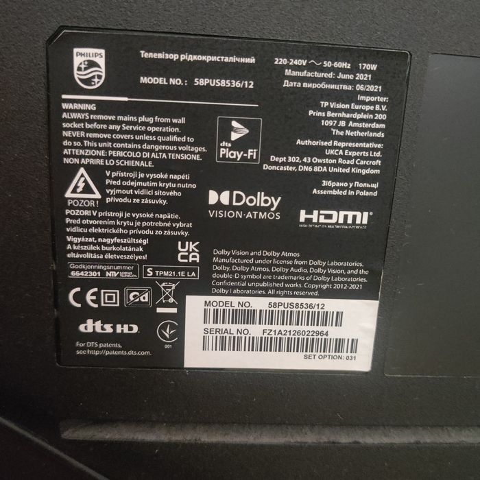 Televizor Philips Smart 58PUS8536 4K Ambilight - Ecran spart, pentru piese