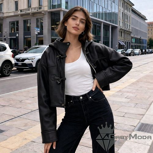 Късо дамско зимно яке с качулка в два цвята