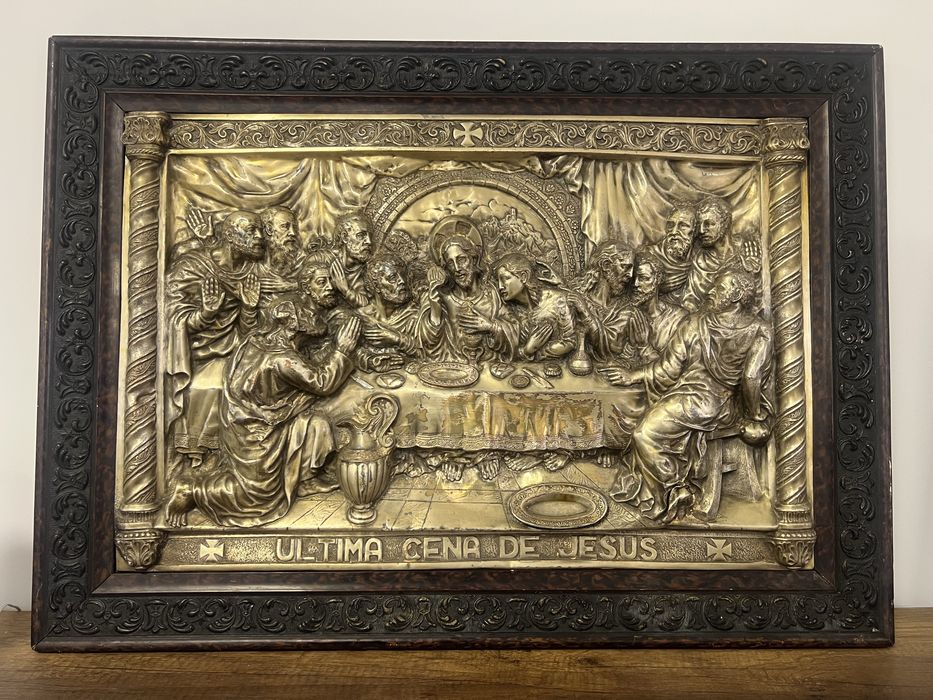 Ultima Cina A lui Iisus relief metalic mare rama lemn. Arta religioasa