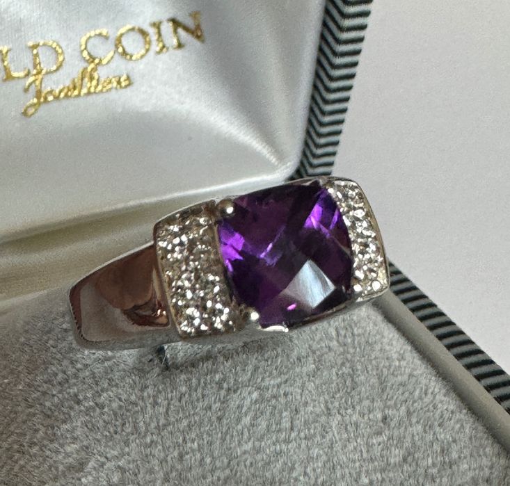 18К Италиански Златен Пръстен 12г; 4К Аметист и 0,32К Диаманти;