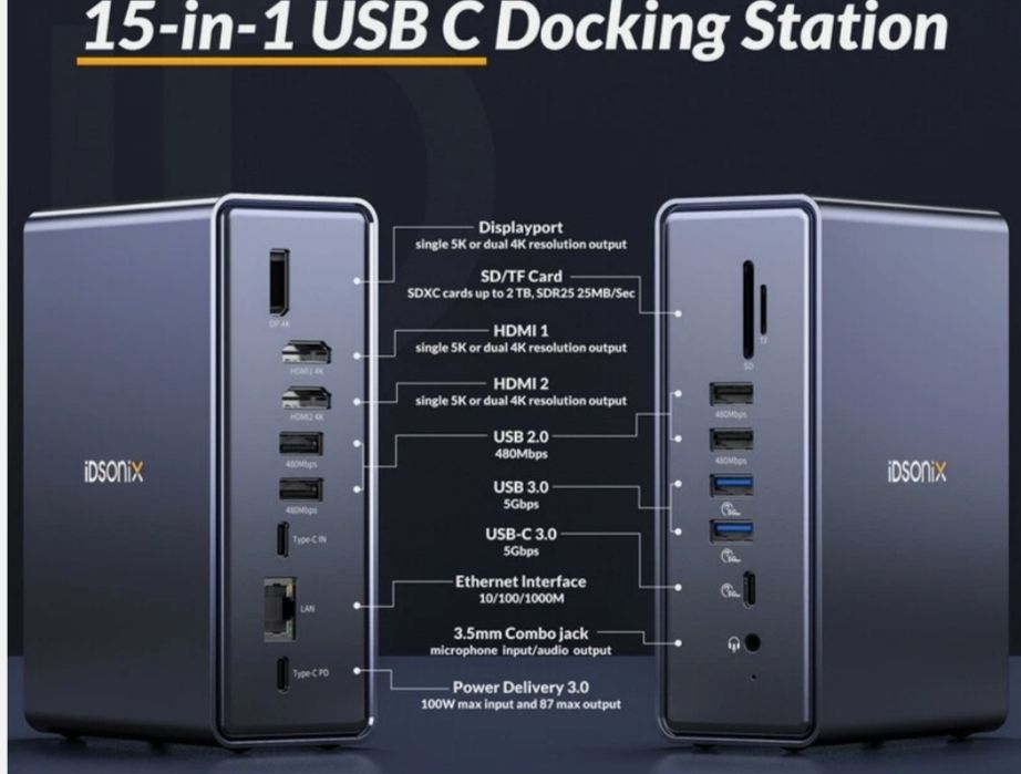 IDSonix TYPE-C, 15 in 1, docking station, sigilat