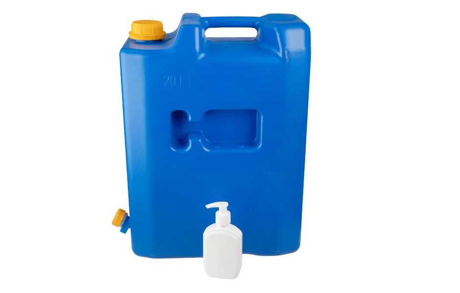 Туба за вода 20 литра с кранче син съд за течност + дозатор за сапун