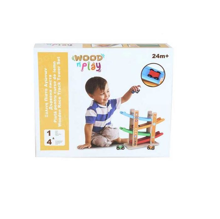 Дървена образователна писта Mercado Trade, 4 цветни превозни средства