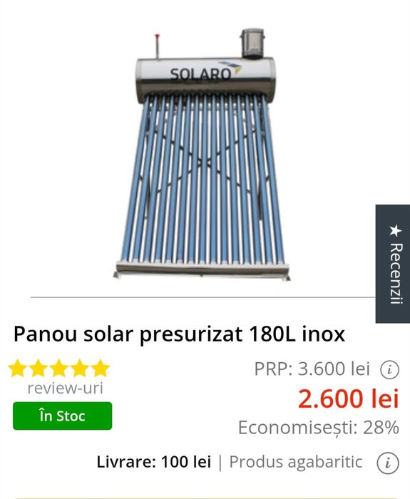 Panou solar presurizat 180L Solaro din inox