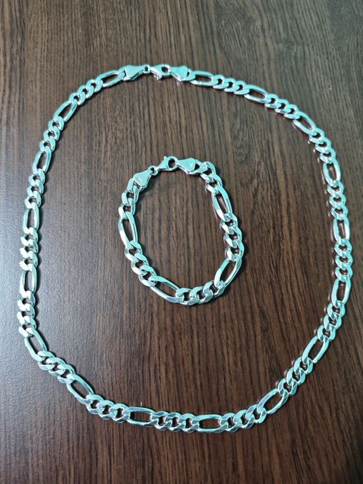 Масивен мъжки сребърен комплект синджир и гривна 925 проба,126грама