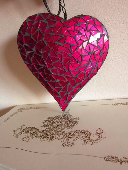 cadou rar Craciun Tiffany Heart Inima mozaic sticla metal Germany 1960