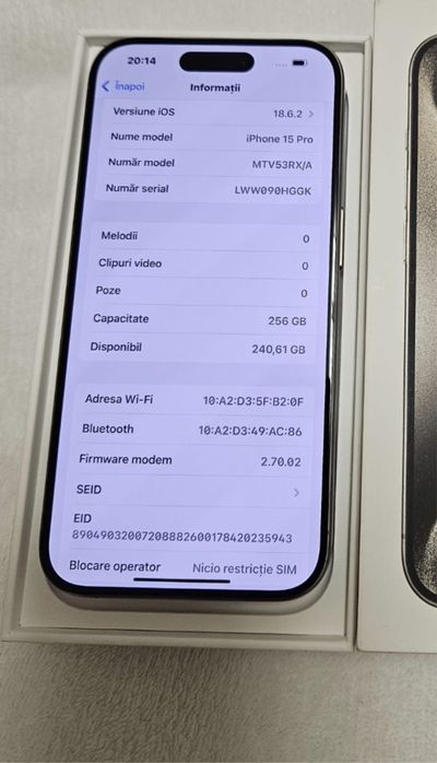iPhone 15 PRO, 256 Gb, baterie 88%, Full Box, stare CA NOU