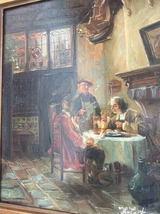 .Tablou,pictura in ulei pe lemn,oameni in carciuma,semnat