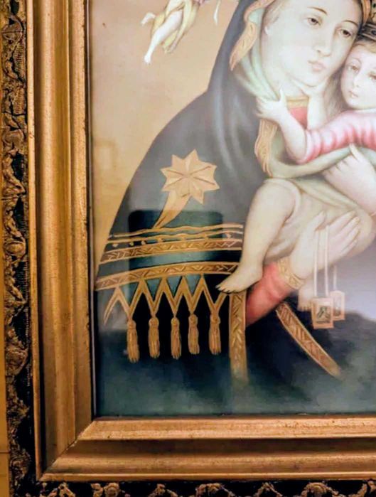 Icoană veche –cromolitografie litografie color, ramă aurită originală.
