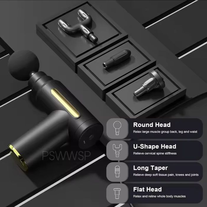 Масажор Безжичен Масажен Пистолет с LED, 4 приставки и 32 Степени