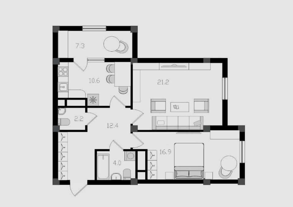 ЖК "Parkent plaza". 2-комнатная, 74.6 м², Паркентский, Корзинка