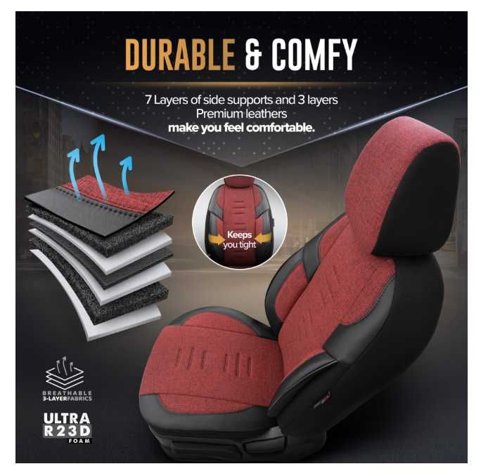 Луксозна тапицерия OTOM текстил с еко кожа THRONE Design – Червено-черна с черен шев