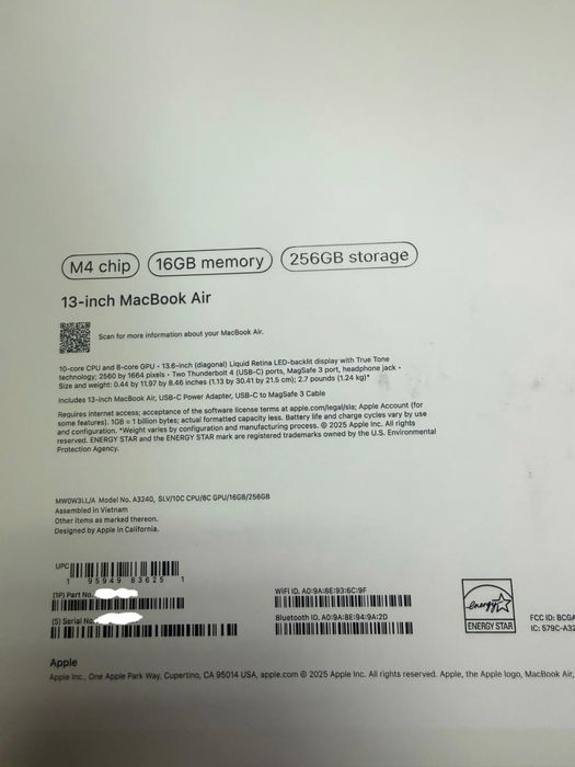 Macbook Air M4 256GB/16
