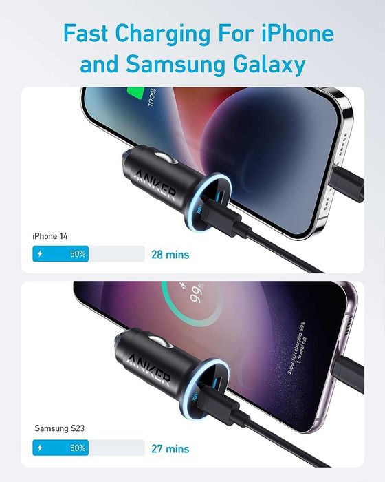 Anker 323 USB-C зарядно за кола, 2 порта, 52.5W, PowerIQ3.0-безплатна доставка
