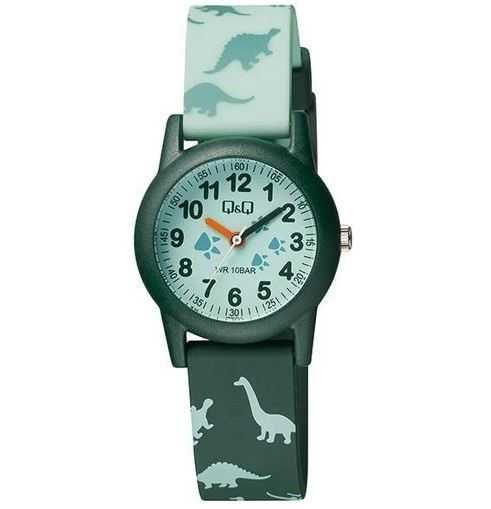Детски Часовници Q&Q 10 BAR. Водоустойчив и Изключително Здрав Детски Часовник QQ.Динозавър Розов и Черен. Подарък за Първи Часовник на Момче и Момиче