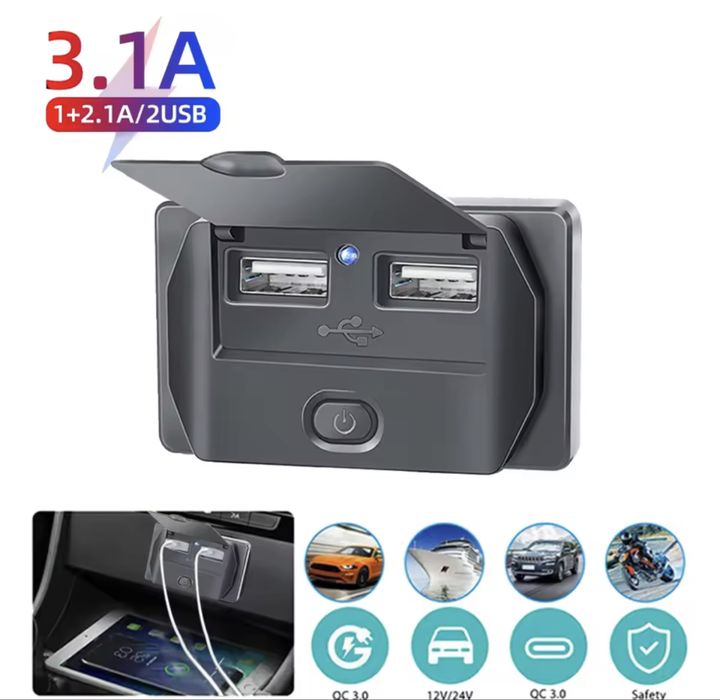 Priza auto de montaj 12V 24V 4 USB PD QC 3.0 ON OFF 96W cu Clapeta - Pret redus ‼️
