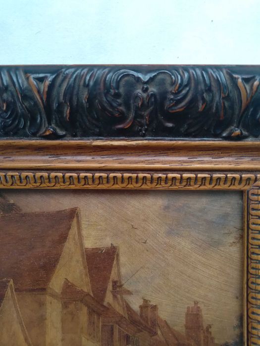 Картина, средновековен сюжет, в дърворезбована рамка.