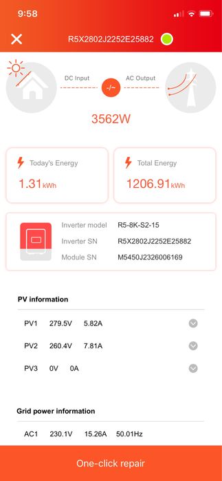 Мрежов 8KW монофазен инвертор R5-8K-S2-15 на 5месеца работа в гаранция
