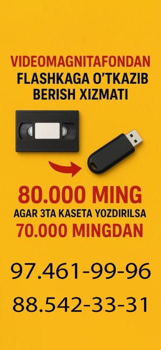 VHS ( kaseta) dan Fleshkaga videolarni o’tkazib beramiz