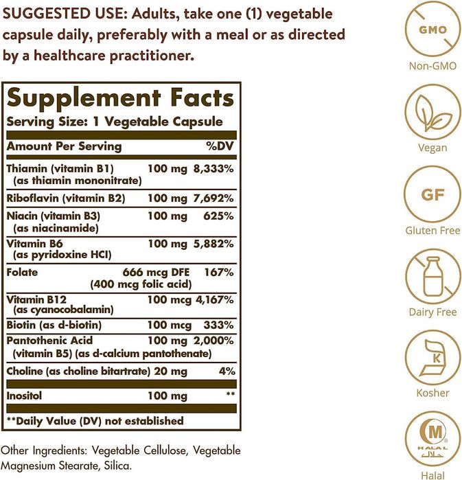 Solgar B-Complex "100", 100 растительных капсул Kosher, Halal США