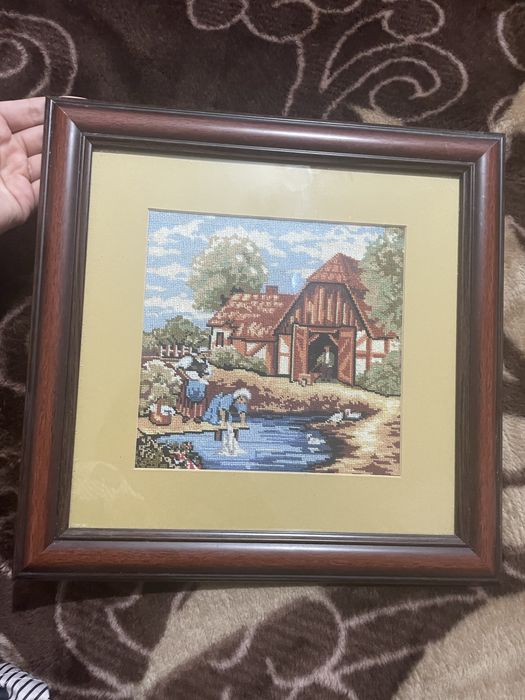 Goblen cusut manual – Peisaj rustic, casă la țară