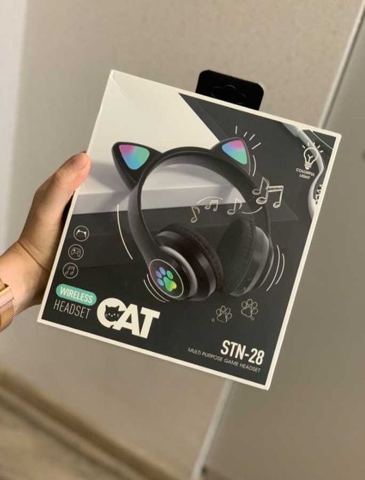 Безжични слушалки с котешки уши, светещи детски, Bluetooth черни