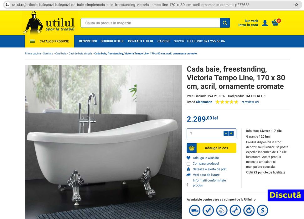 Cada cu picioare, freestanding 170X80